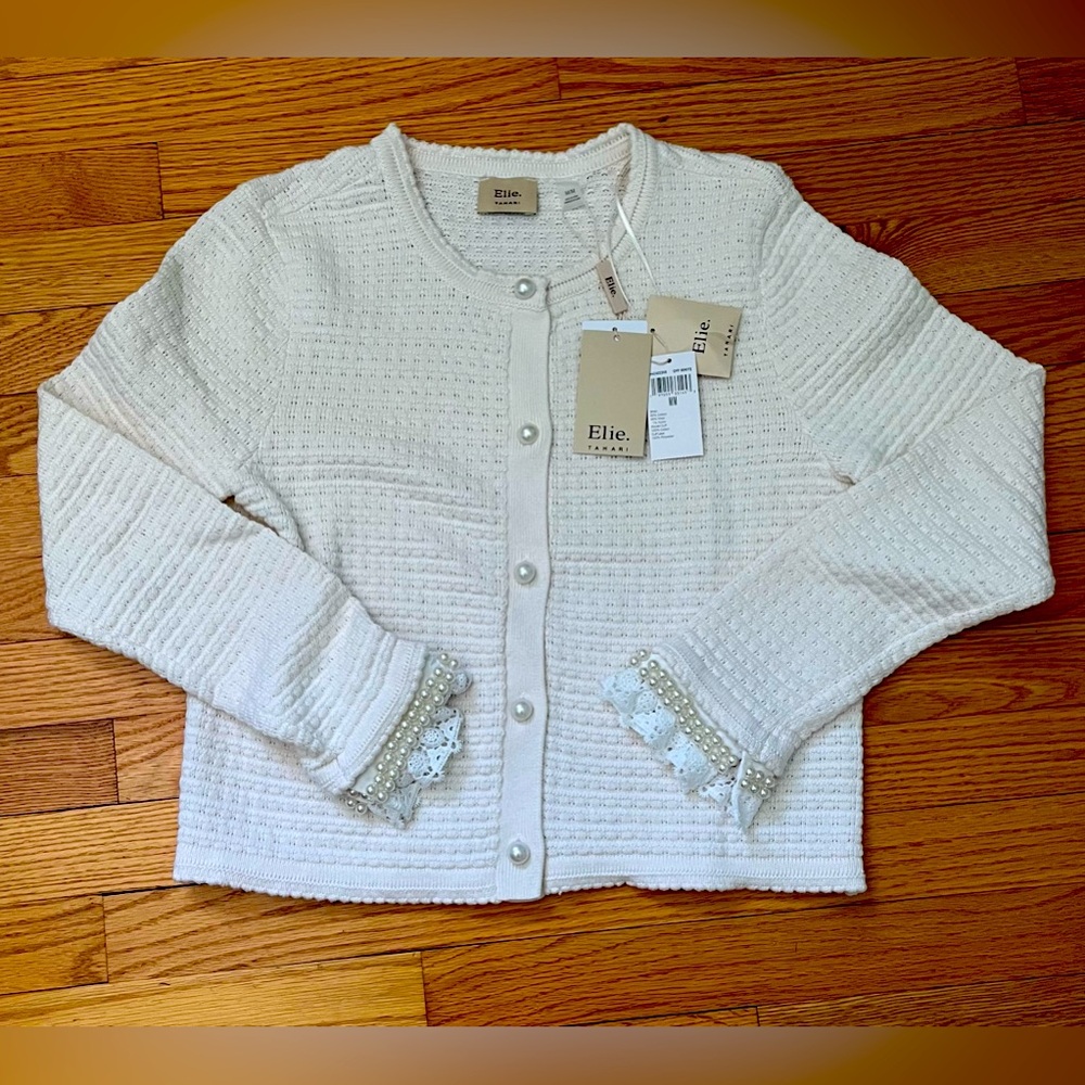 Elie Tahari NWT Cardigan Sweater Jacket, Removable Cuffs, Off-white, Medium